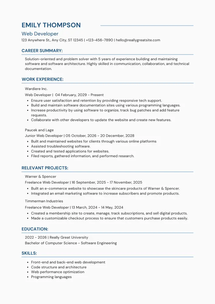 Web developer resume sample